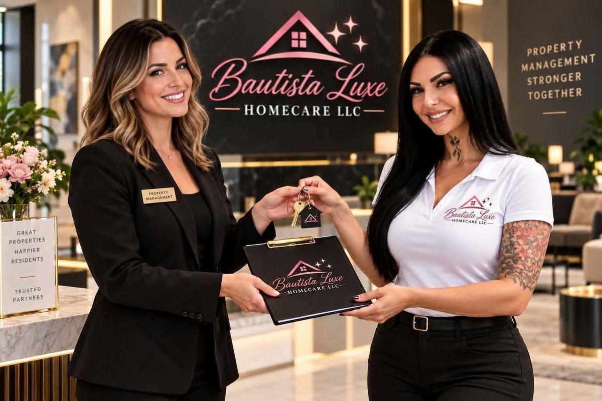 Chandler receiving keys from a property manager in a lobby, under the Bautista Luxe wall sign