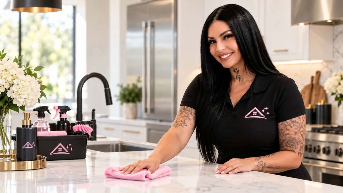 A hand wiping a white marble kitchen counter with a pink cloth, a caddy of bottles and brushes beside the sink
